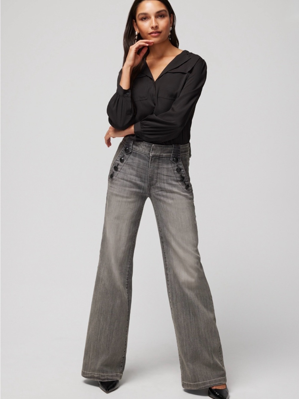 WHBM OS High Rise Curvy Wide Leg Gray Wash Jeans